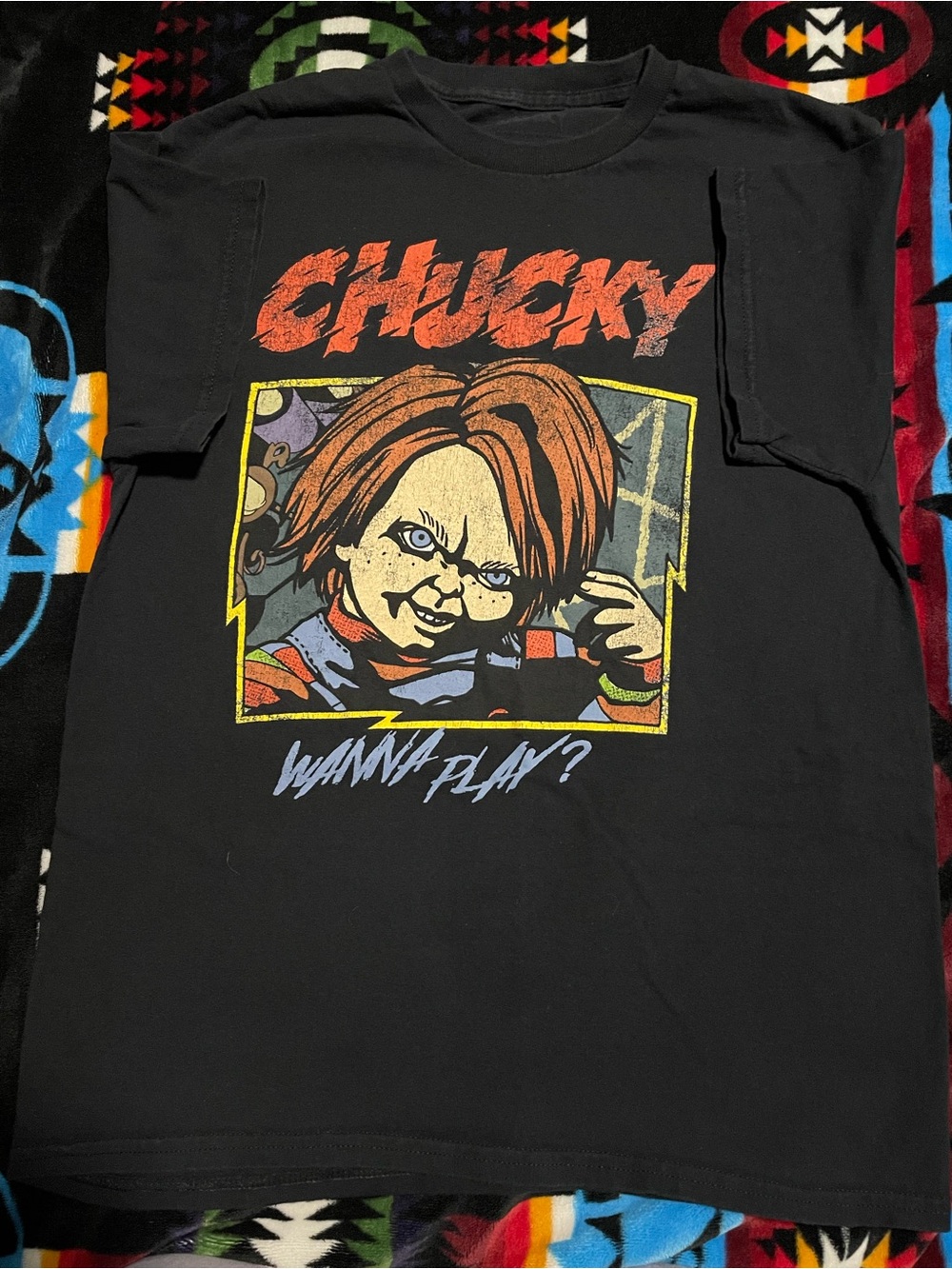Gildan Black Chucky Graphic Tee with Red, Yellow, Orange and Blue Accents
